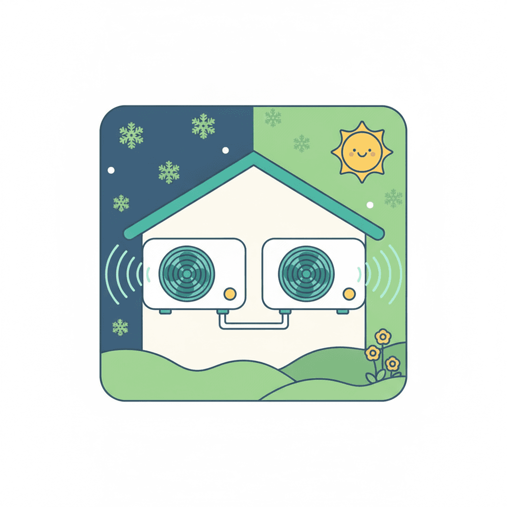 Ilustración vectorial plana de una vivienda de noche con la unidad exterior de una aerotermia en silencio junto a un aire acondicionado activo de día en una calle con más ruido de fondo, sin texto