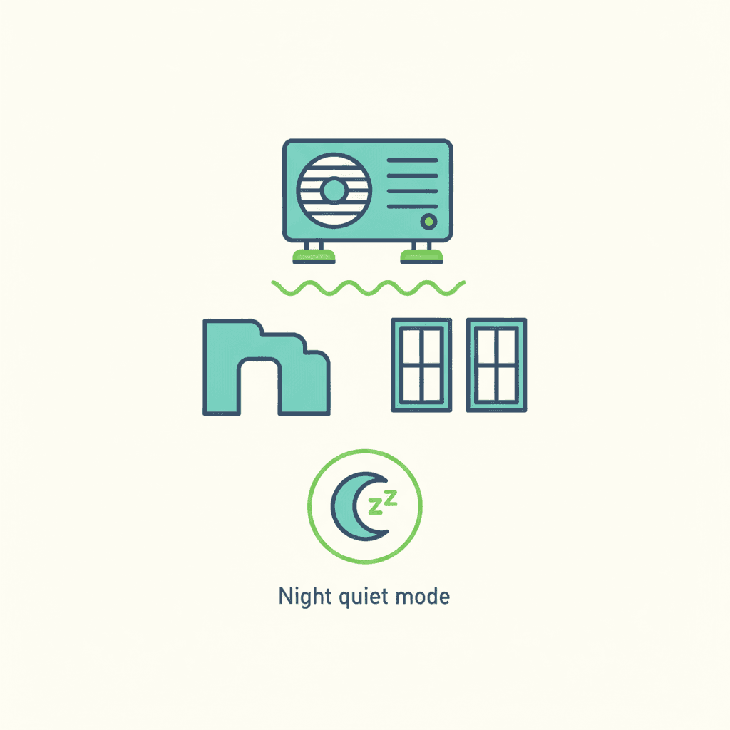 Ilustración vectorial plana con iconos de las soluciones frente al ruido de la unidad exterior: antivibratorios bajo el equipo, una pantalla acústica bien diseñada y un icono de modo silencioso nocturno, sin texto