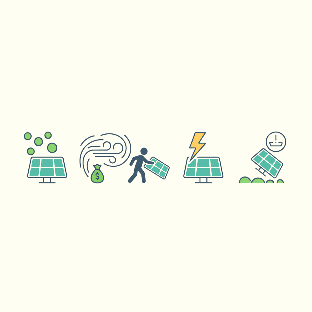 Ilustración vectorial plana con iconos de coberturas de seguro alrededor de una placa solar: granizo, rayo, robo y responsabilidad civil, sin texto