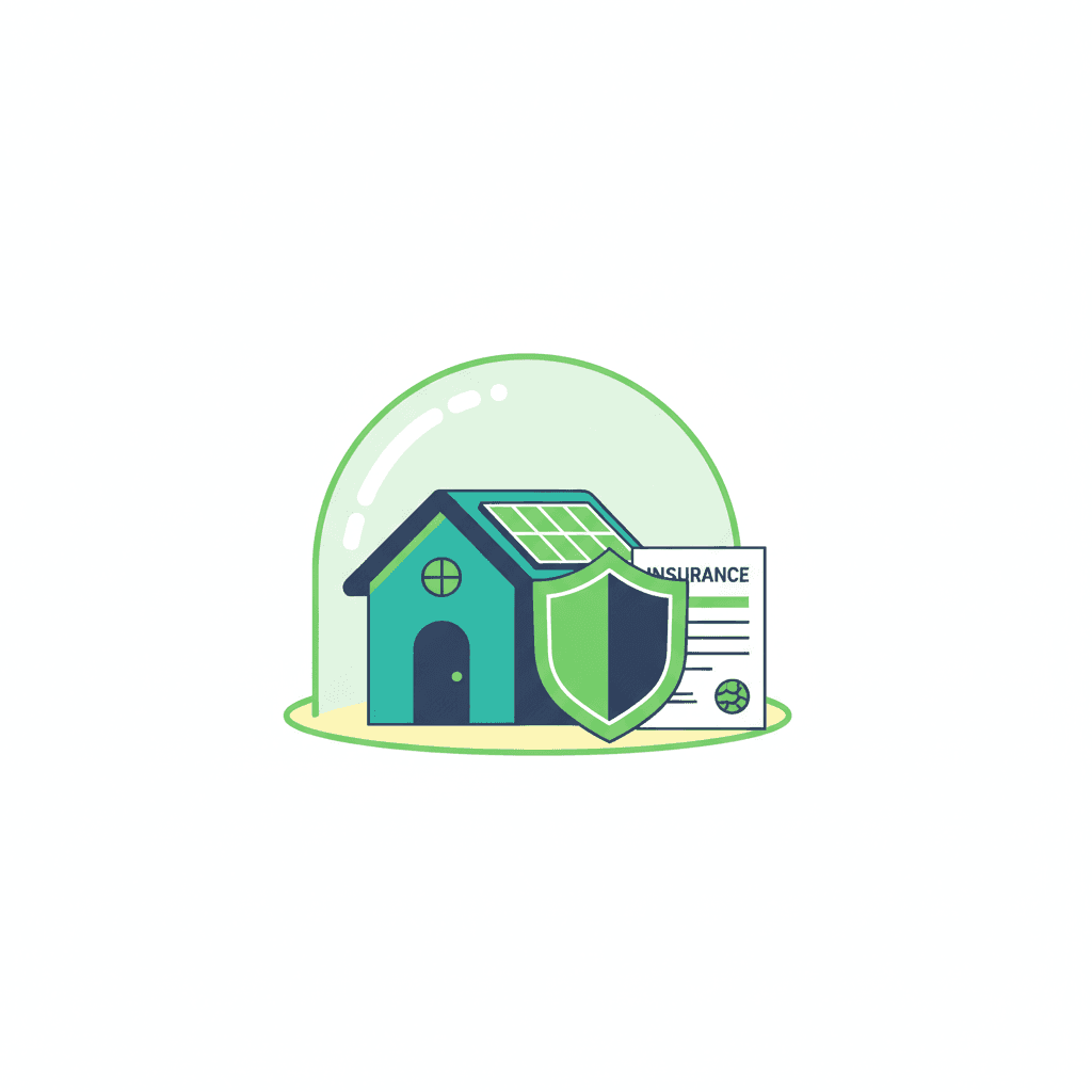 Ilustración vectorial plana de una vivienda con placas solares en el tejado y un icono de póliza de seguro con un escudo protector sobre la casa, sin texto