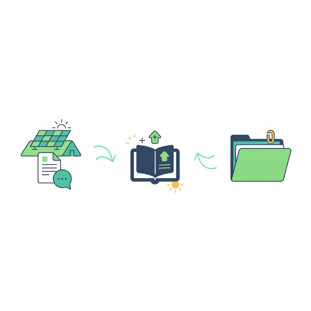 Ilustración vectorial plana con tres pasos representados por iconos: un teléfono para avisar a la aseguradora, un documento de póliza y una lupa revisando el capital asegurado, sin texto