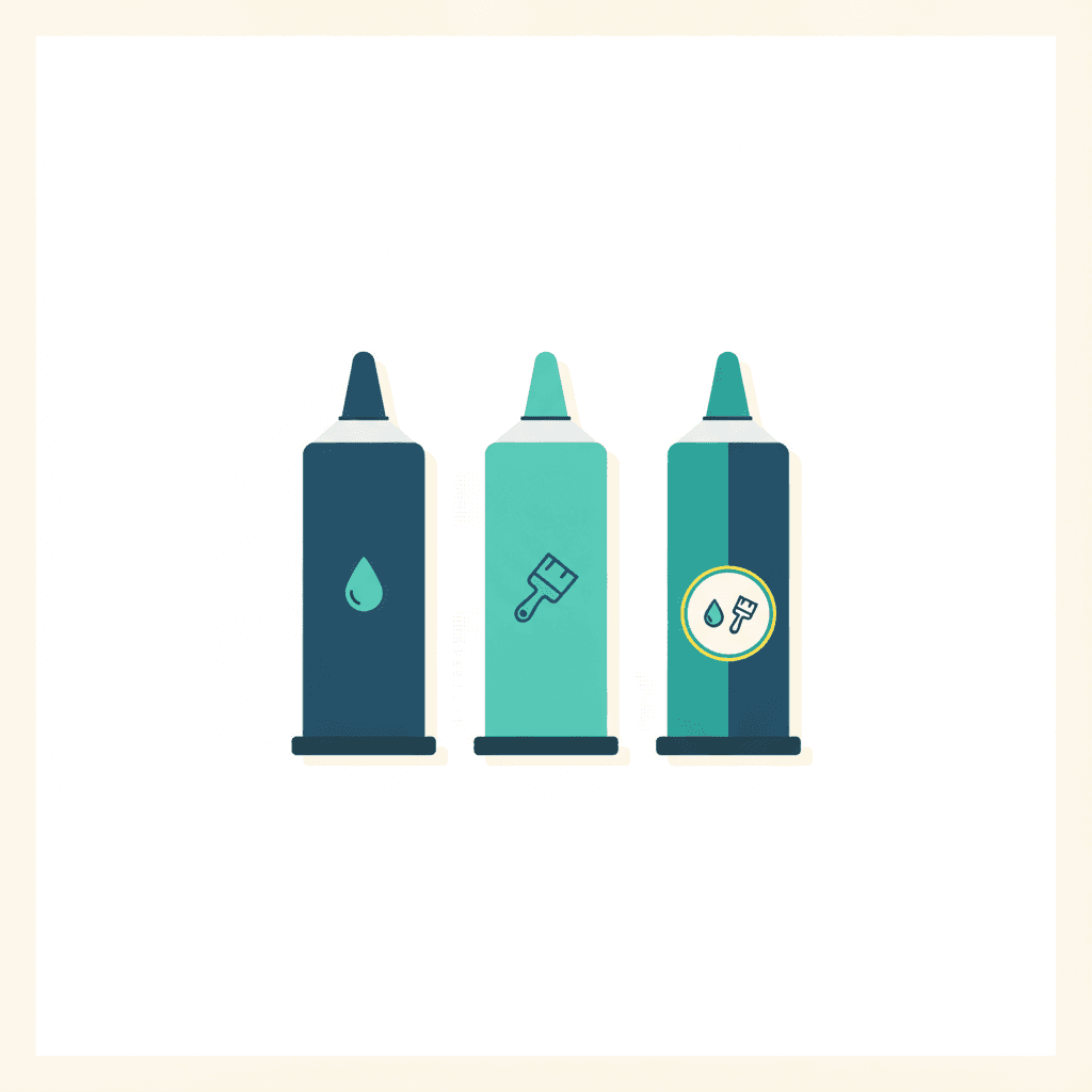 Ilustración vectorial plana comparando tres botes de sellador -silicona, masilla acrílica y poliuretano- junto a iconos de gota de agua, pincel de pintura y muelle de elasticidad, sin texto