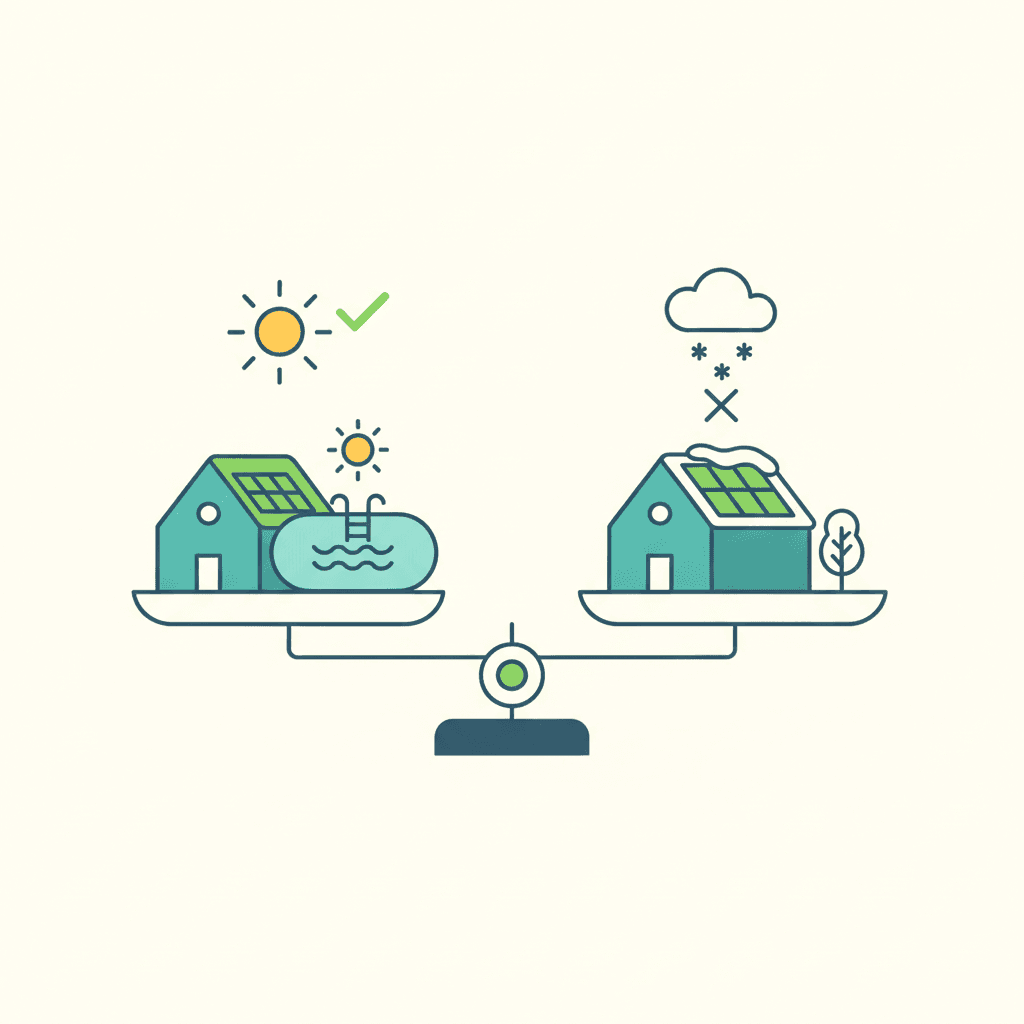 Ilustración vectorial plana de un calendario con solo unas pocas semanas marcadas junto a una casa con placas solares y una batería cerrada con un candado, representando que la batería se cicla poco cuando la vivienda está vacía, sin texto