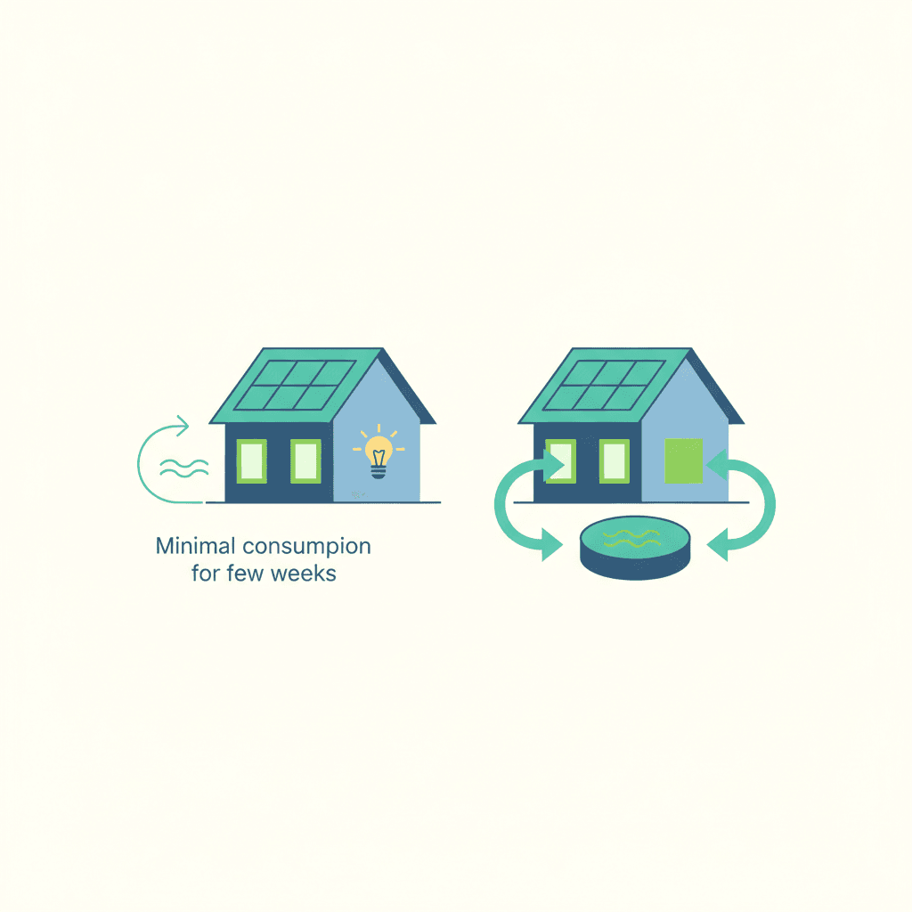 Ilustración vectorial plana con iconos de una piscina con depuradora, un sistema de riego y un aparato de aire acondicionado bajo un sol, representando el consumo de base que hace compensar el autoconsumo en una segunda residencia, sin texto