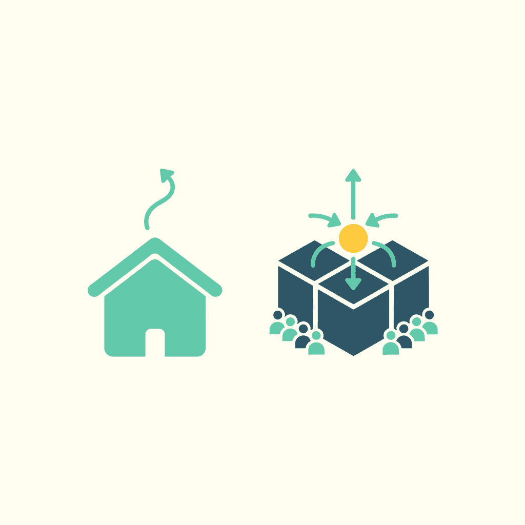 Ilustración vectorial plana comparando un tejado de vivienda unifamiliar con placas solares y espacio libre, frente a una cubierta de bloque de pisos dividida en varias secciones pequeñas para distintos vecinos, sin texto