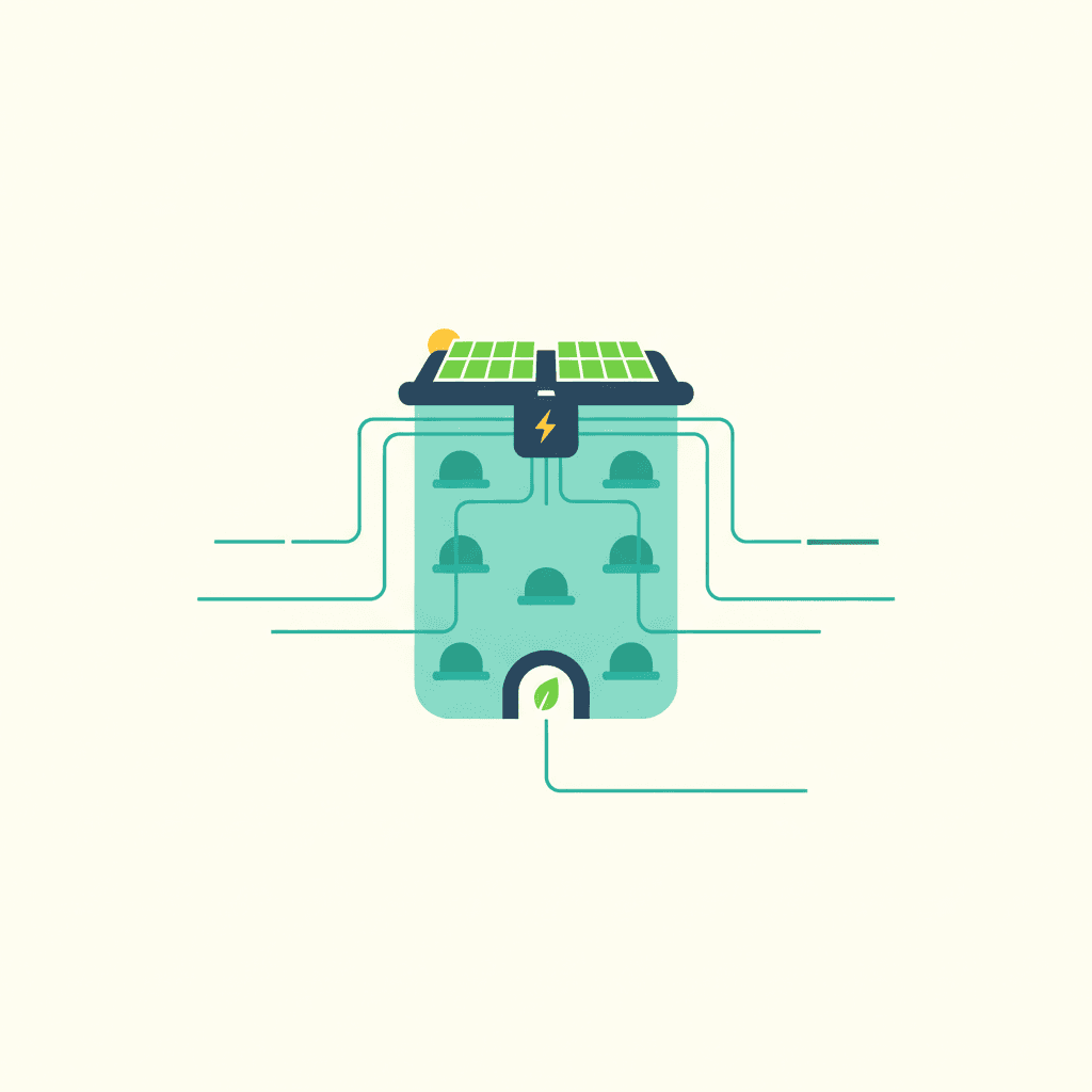 Ilustración vectorial plana de una junta de comunidad de vecinos reunida en torno a una mesa con un plano de placas solares y un icono de acta de acuerdo, sin texto