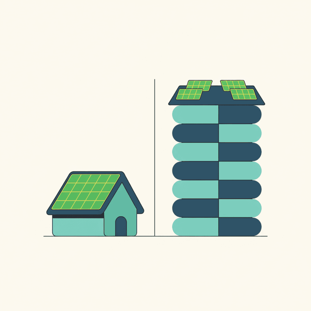 Ilustración vectorial plana de una vivienda unifamiliar con placas solares en su propio tejado junto a un bloque de pisos con placas solares en la cubierta comunitaria, sin texto
