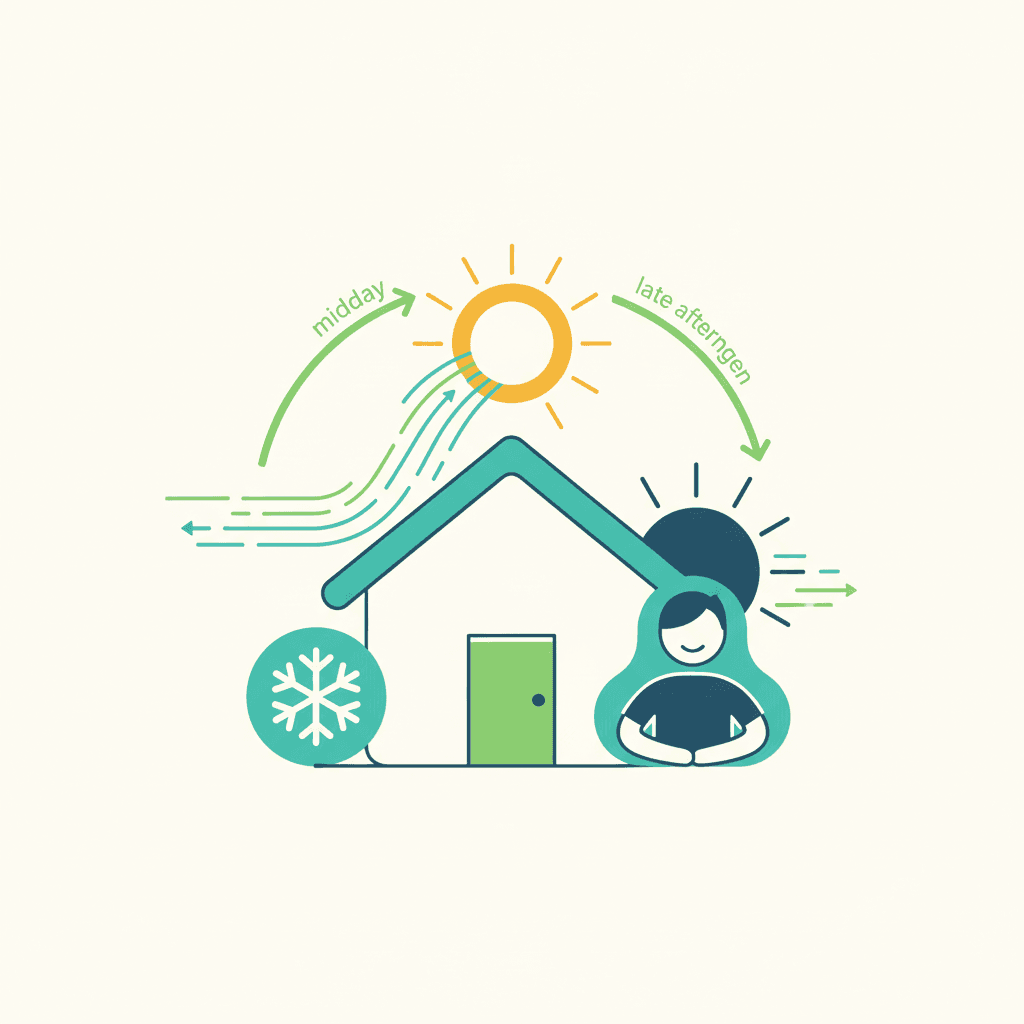 Ilustración vectorial plana de una vivienda con el sol en lo alto y un termómetro descendente en el interior, representando la estrategia de preenfriar con energía solar antes de la tarde, sin texto