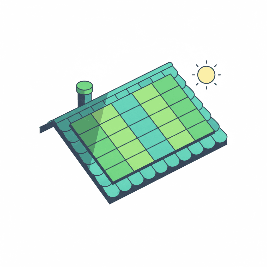 Tejado con placas solares donde la sombra de una chimenea cae sobre una parte de los paneles mientras el resto sigue al sol