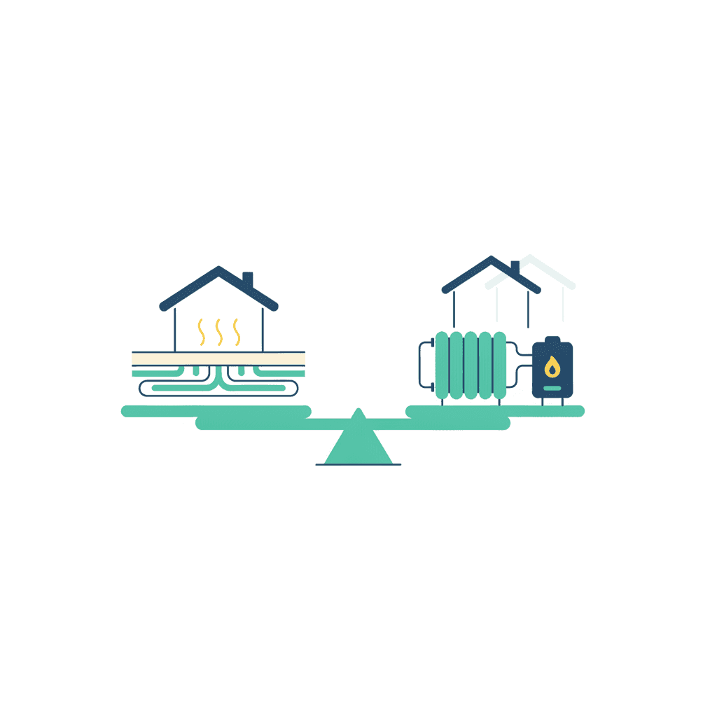 Ilustración vectorial plana con cuatro iconos de escenarios de vivienda: obra nueva, reforma integral, sustitución de caldera sin obra y segunda residencia, sin texto
