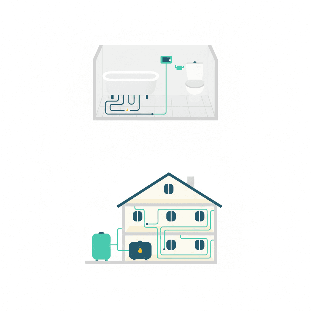 Ilustración vectorial plana sin texto de dos escenarios de vivienda: un baño pequeño reformado con suelo radiante eléctrico y una casa completa con suelo radiante por agua conectado a una unidad de aerotermia exterior