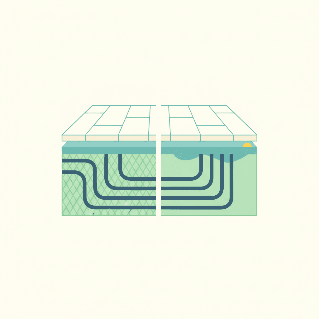 Ilustración vectorial plana sin texto de un corte de suelo con dos zonas: a un lado un cable calefactor eléctrico bajo el pavimento, al otro un circuito de tubos de agua caliente conectado a un colector