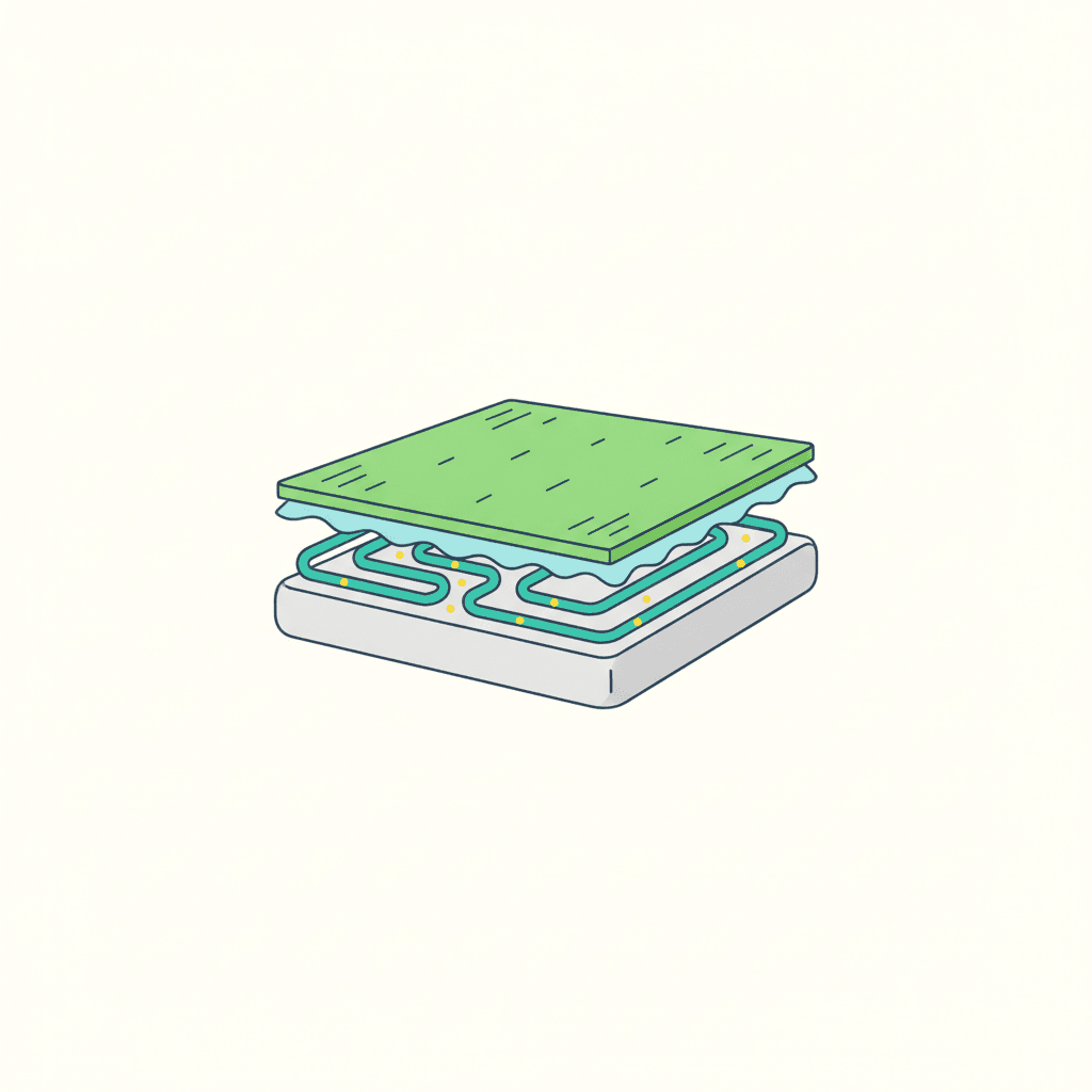 Ilustración vectorial plana sin texto de un corte de suelo mostrando un panel fino de suelo radiante colocado encima del pavimento existente, sin picar la solera, con una habitación reformada al fondo