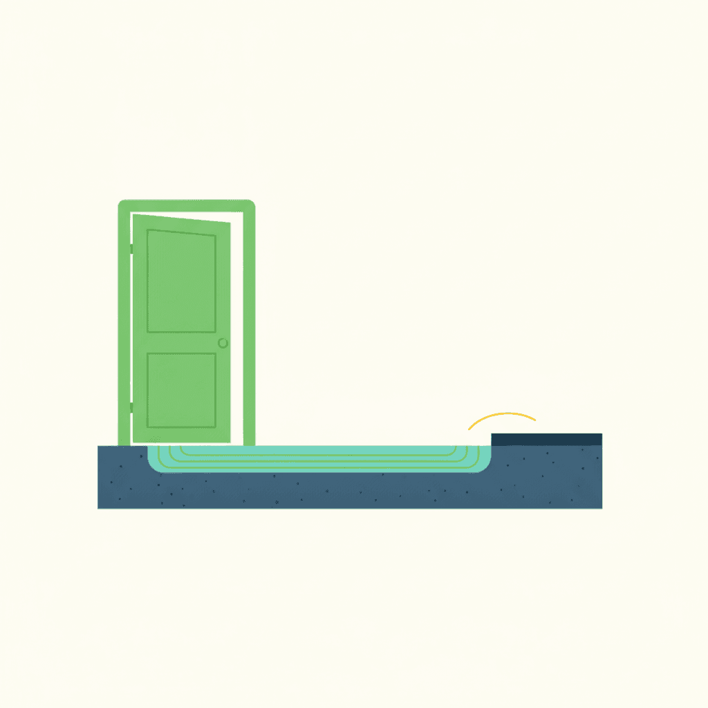 Ilustración vectorial plana sin texto del proceso de instalación de suelo radiante sin picar: colocación del panel fino sobre el suelo existente, tubo de agua y una puerta recortada por su parte inferior