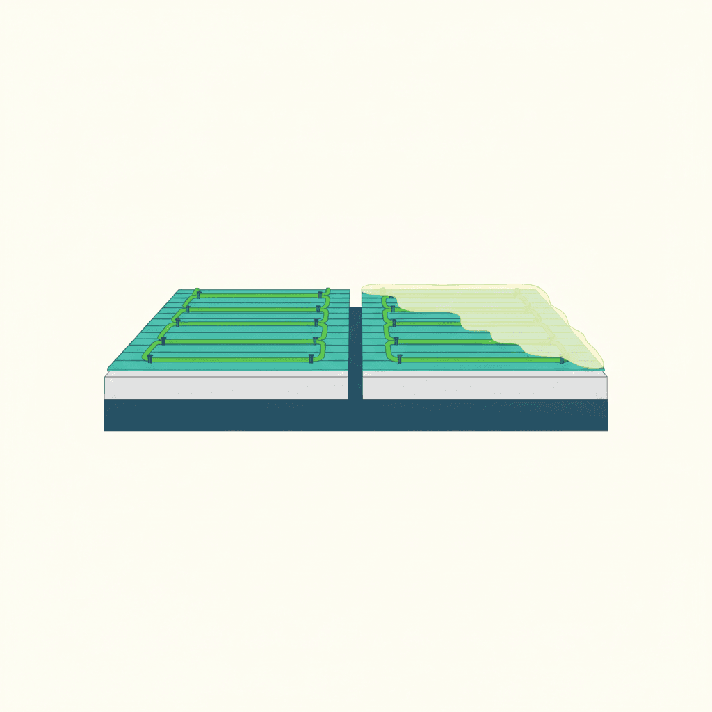 Ilustración vectorial plana sin texto comparando en corte tres sistemas de suelo radiante de distinto espesor: panel de bajo perfil, lámina termoconductora fina y suelo radiante tradicional con recrecido grueso