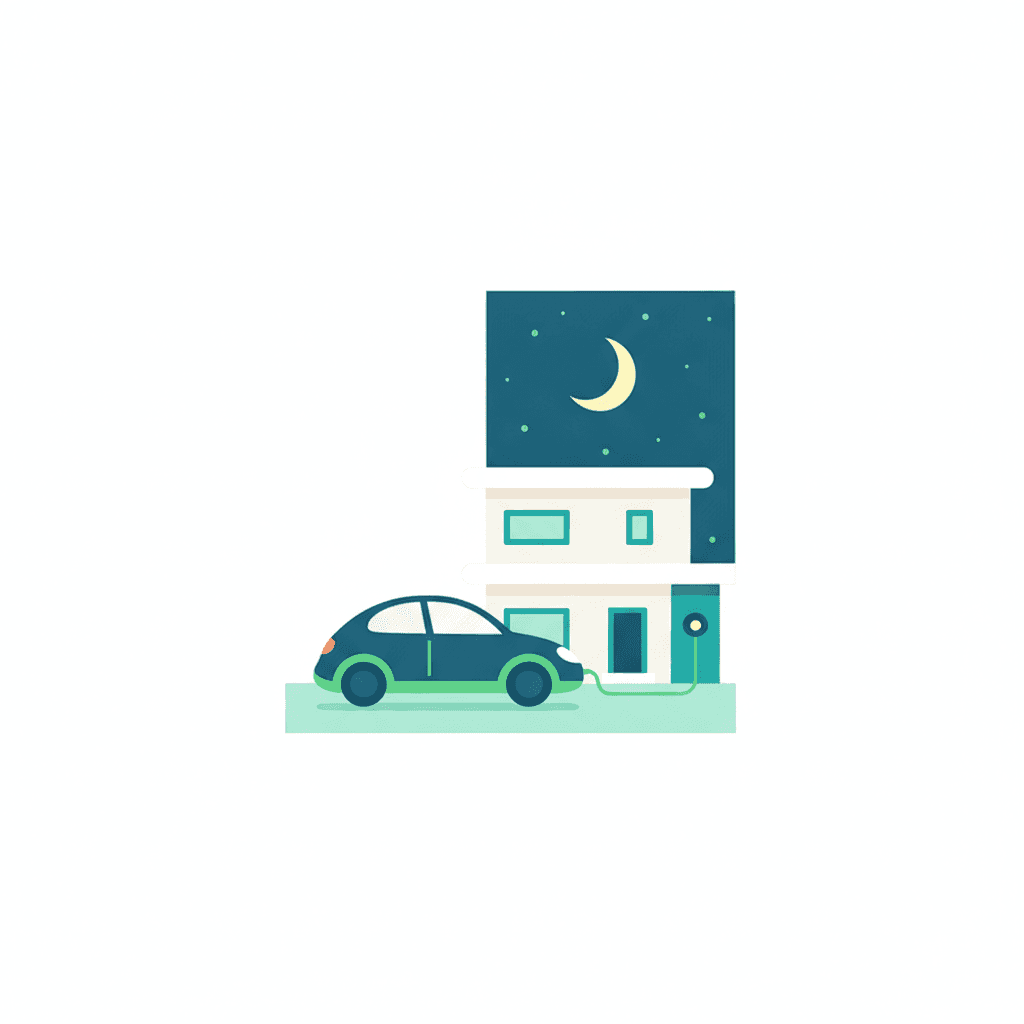 Coche eléctrico cargando por la noche en casa conectado a un wallbox