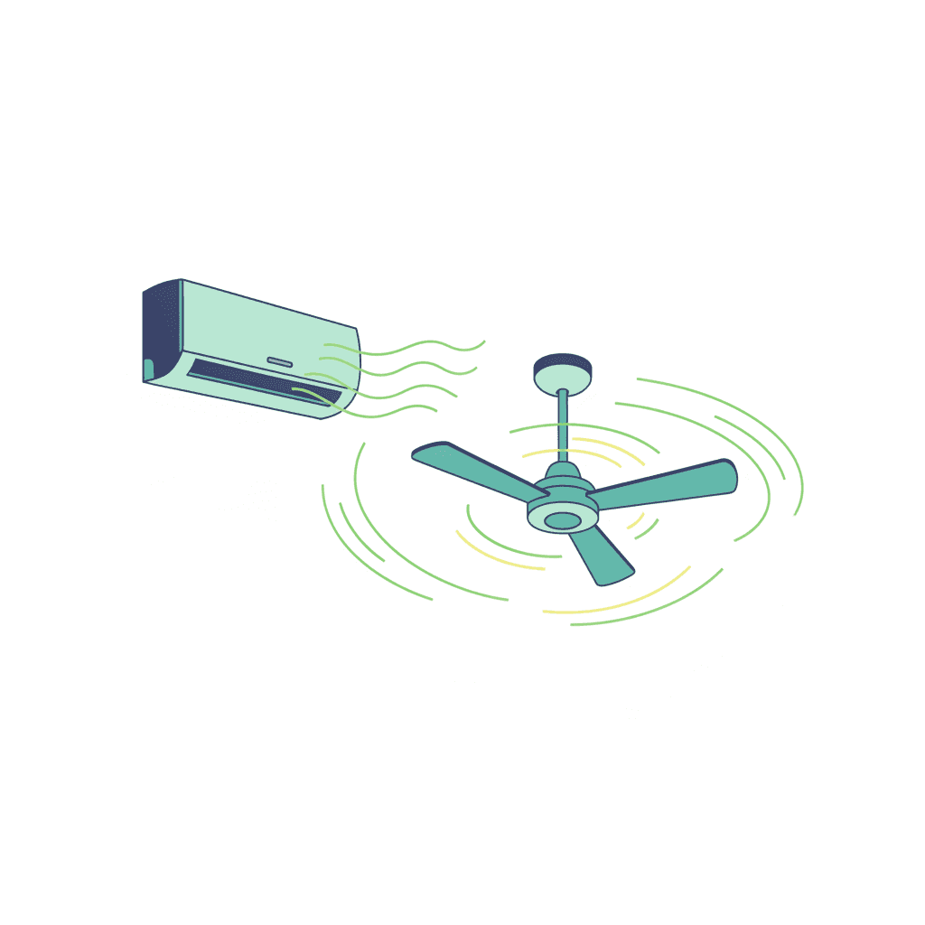Aire acondicionado a temperatura moderada combinado con un ventilador de techo que reparte el aire fresco