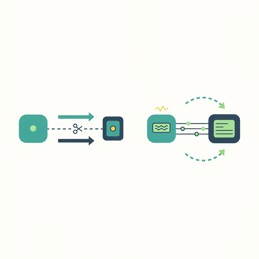 Ilustración vectorial plana con tres tipos de termostato para aerotermia en fila: uno conectado por bus al fabricante, uno de contacto simple todo o nada y uno con icono de wifi y app, sin texto