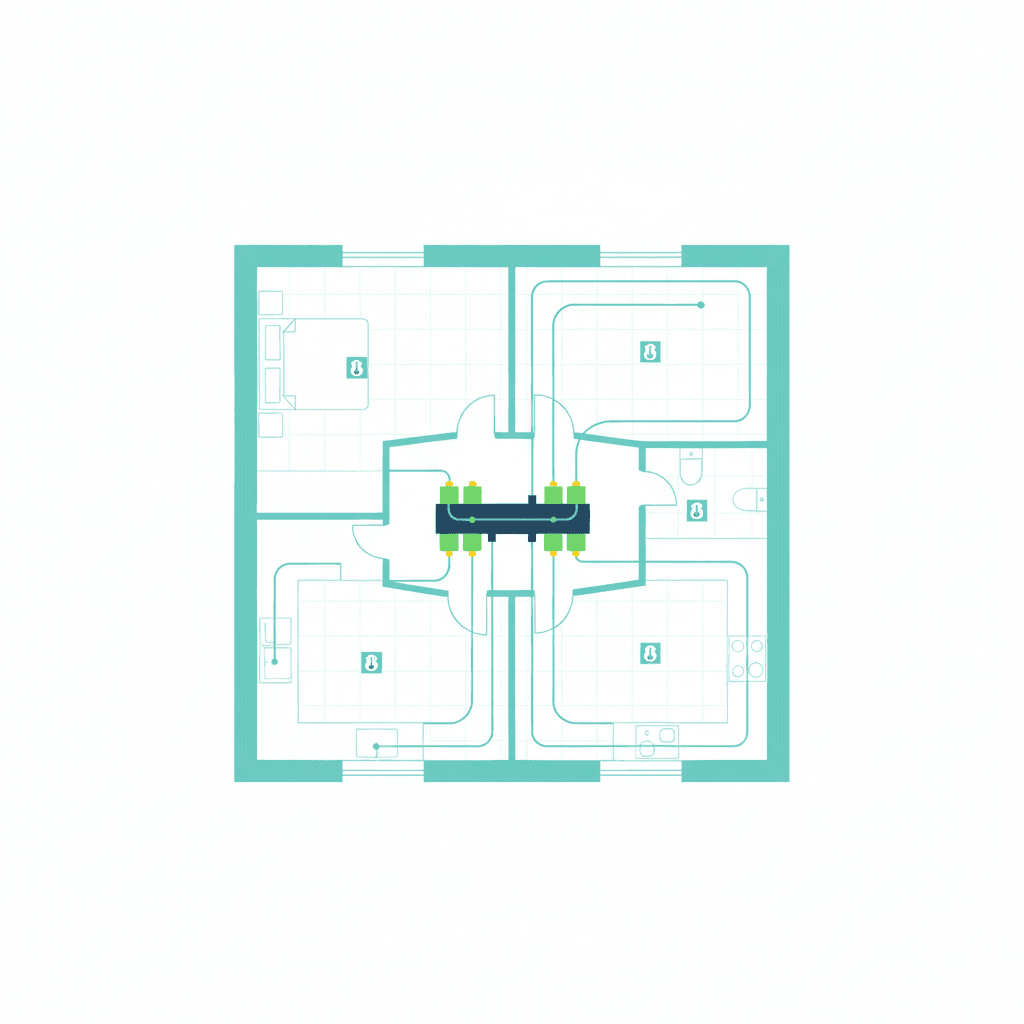 Ilustración vectorial plana de una vivienda en planta con termostatos de estancia conectados a los cabezales de un colector de suelo radiante y válvulas termostáticas en radiadores de otra zona, sin texto