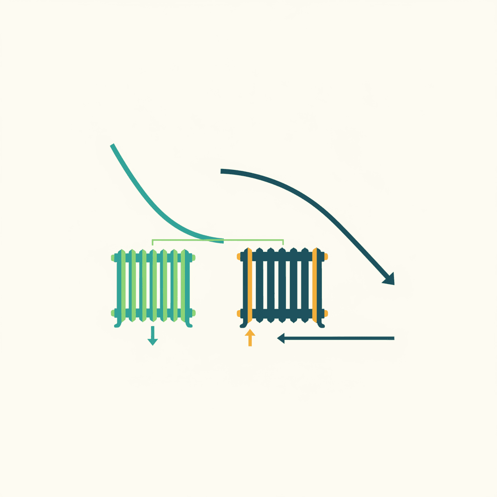 Ilustración vectorial plana de un termómetro y un reloj representando la inercia térmica frente a la rapidez de respuesta de un radiador, sin texto