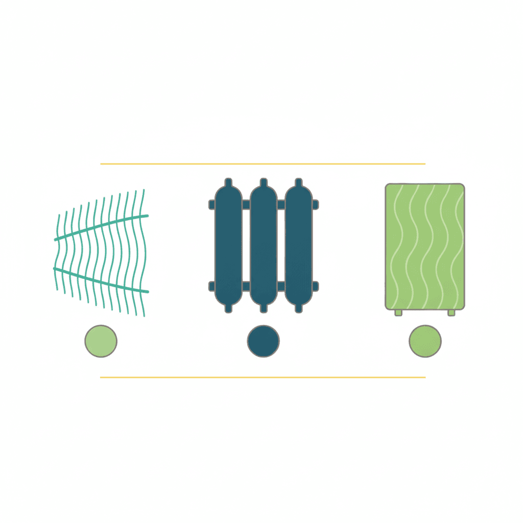 Ilustración vectorial plana con los tres materiales de radiador, aluminio, hierro fundido y acero, representados con iconos de sus características principales, sin texto