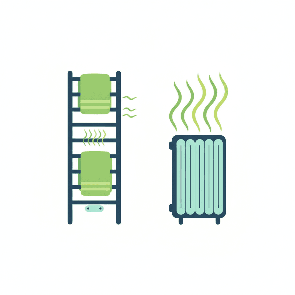 Ilustración vectorial plana comparando la superficie de emisión de un radiador toallero con pocos tubos horizontales frente a un radiador de elementos del mismo alto con muchas más aletas, sin texto