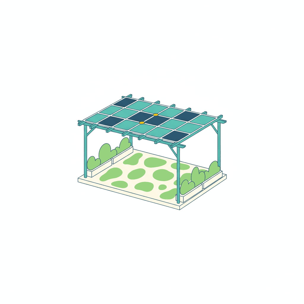 Pérgola con paneles solares semitransparentes que dejan pasar parte de la luz del sol, proyectando un patrón de sombra moteada sobre la zona de estar de una terraza