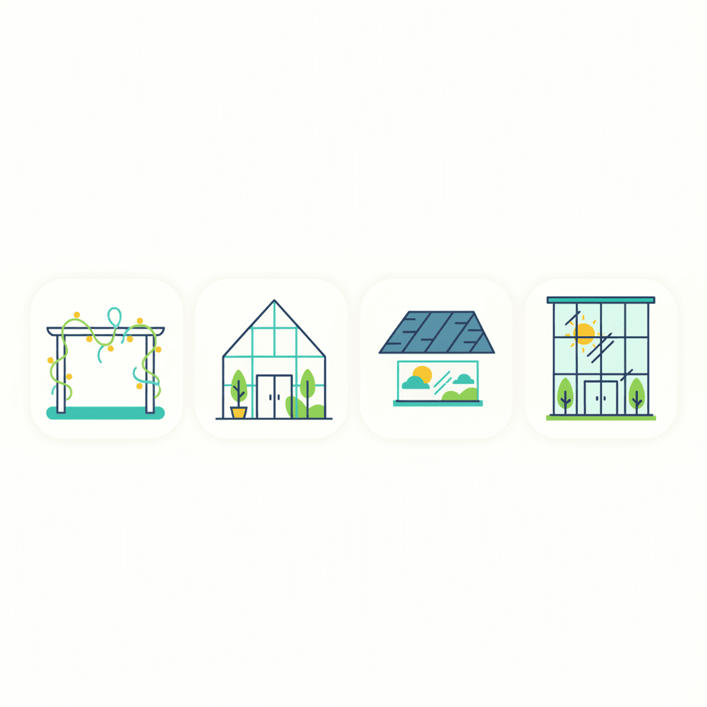 Distintas aplicaciones de paneles solares semitransparentes: una pérgola, un invernadero, un lucernario y un cerramiento de terraza, cada uno sustituyendo a un elemento constructivo que ya iba a estar ahí