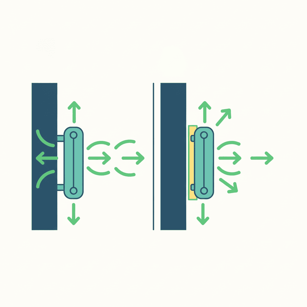Ilustración vectorial plana comparando un radiador sin panel, con ondas de calor perdiéndose a través del muro exterior, y un radiador con panel reflectante devolviendo esas ondas hacia la habitación, sin texto