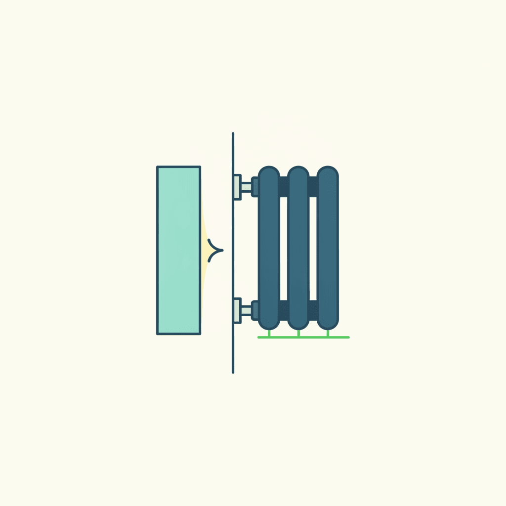 Ilustración vectorial plana del montaje de un panel reflectante detrás de un radiador, con separadores que dejan una cámara de aire entre el panel y la pared, sin texto