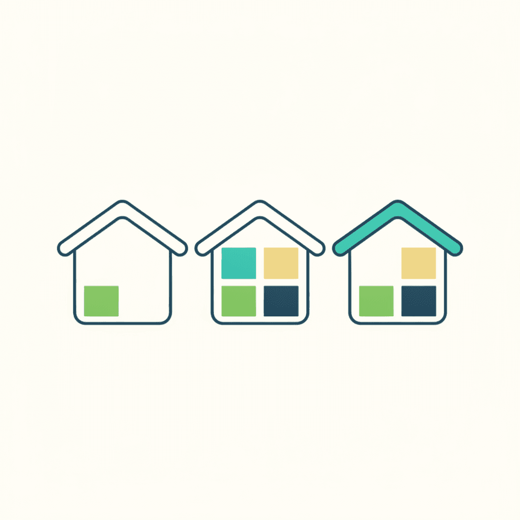 Comparación de alcance con iconos de casa: una habitación climatizada, varias habitaciones y la vivienda entera con distintas zonas coloreadas