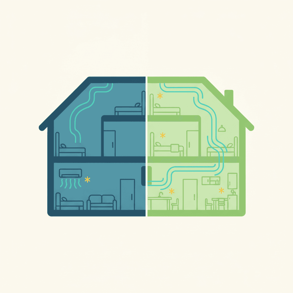 Corte de una vivienda que muestra a un lado una sola estancia con un split y al otro toda la casa climatizada, concepto de alcance del aire acondicionado