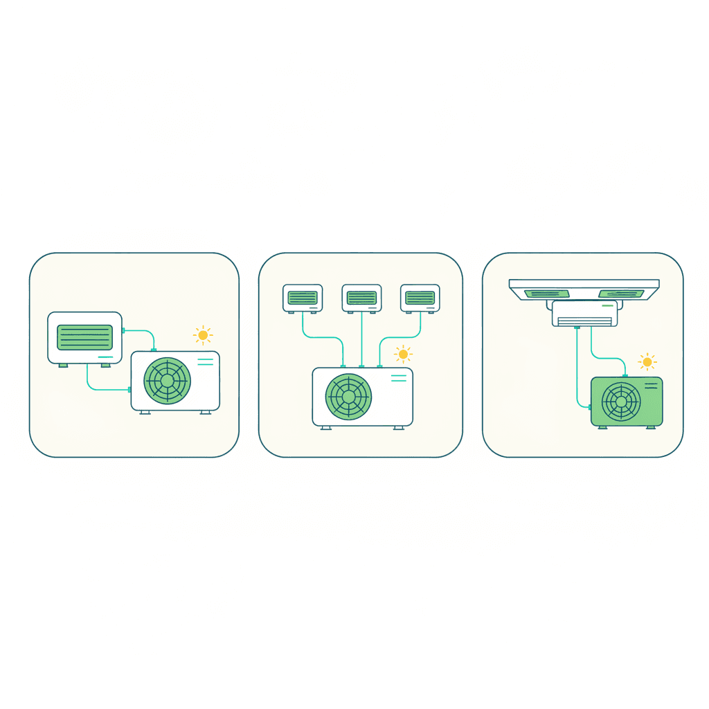 Tres soluciones de aire acondicionado lado a lado: un split 1x1, un multisplit con una unidad exterior y varias interiores, y conductos con rejillas en el falso techo