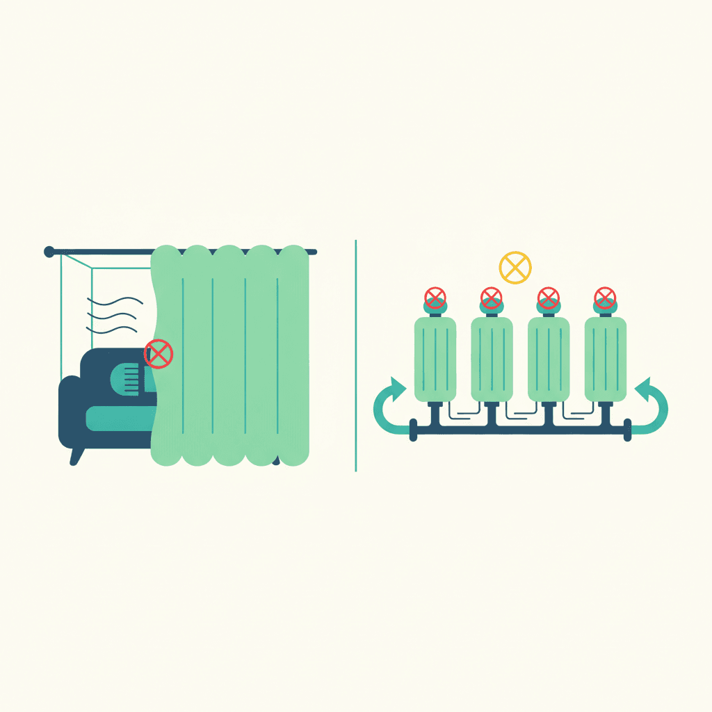 Ilustración vectorial plana de un radiador con la válvula termostática tapada por una cortina y un sofá pegado delante, con el aire caliente atrapado señalado con una flecha, sin texto