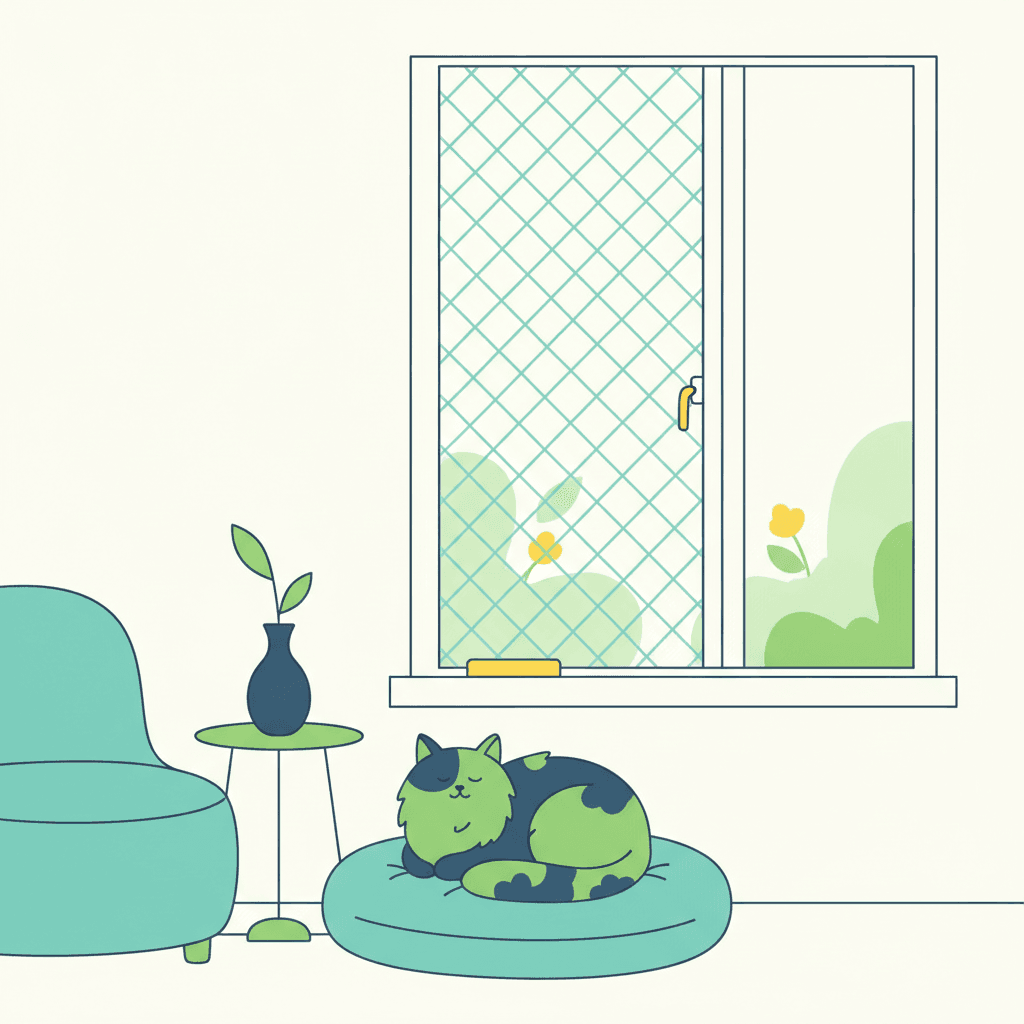 Ilustración vectorial plana de una ventana oscilobatiente con una pieza de protección triangular encajada en el hueco superior y la silueta tranquila de un gato sentado junto al alféizar, sin texto