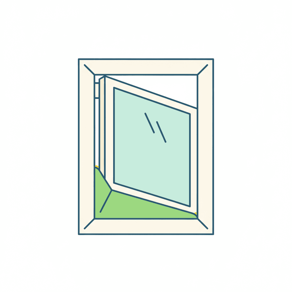 Ilustración vectorial plana en corte de una ventana oscilobatiente basculada en modo oscilo, mostrando el hueco en forma de cuña entre la hoja y el marco con una flecha señalando la zona estrecha, sin texto