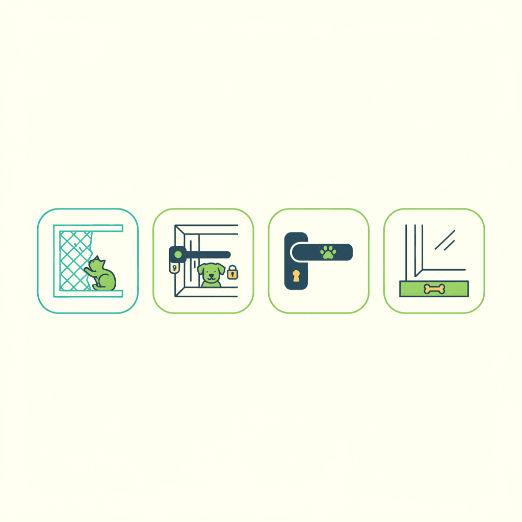 Ilustración vectorial plana con tres iconos de soluciones: una pieza de protección para el hueco de la oscilobatiente, un rollo de malla reforzada y un limitador de apertura con manilla, sin texto