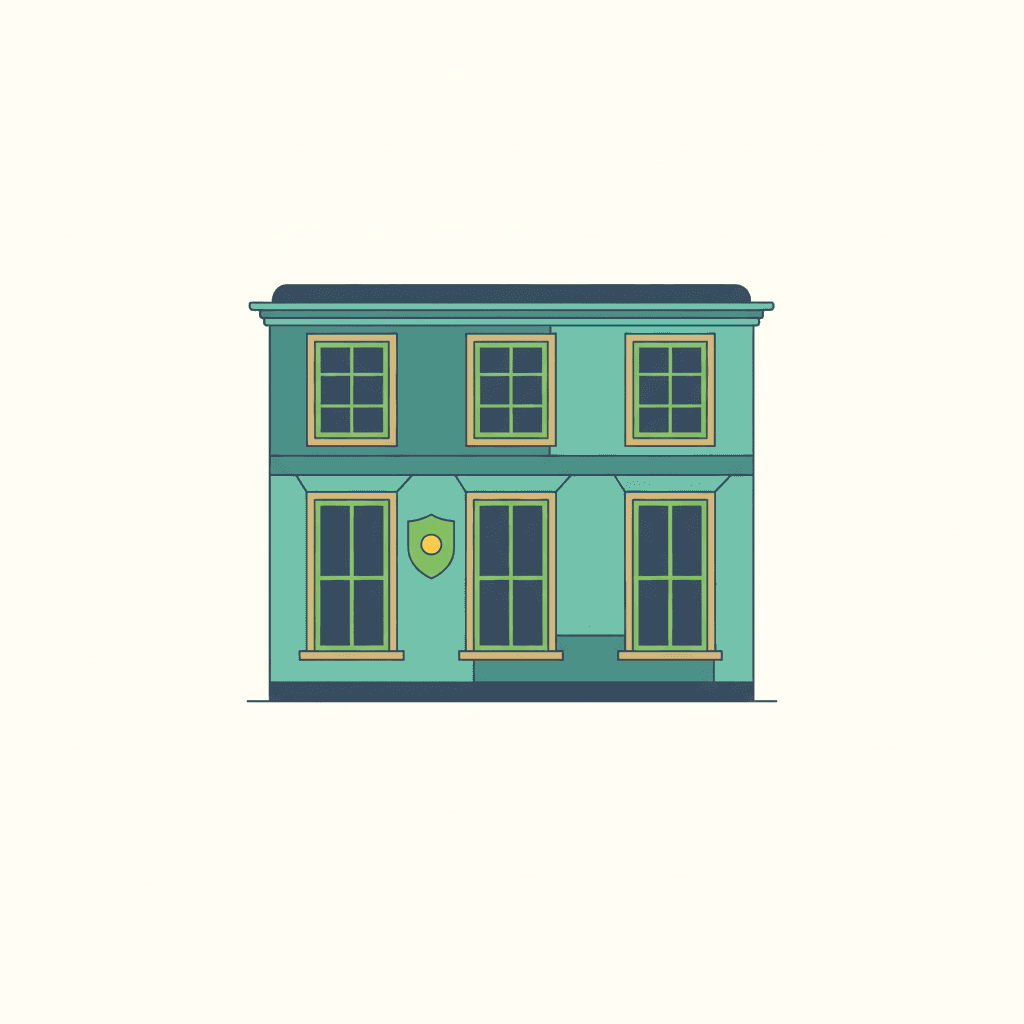 Ilustración vectorial plana de una fachada de un edificio antiguo de casco histórico con ventanas de madera tradicionales y un sello de patrimonio protegido superpuesto, sin texto