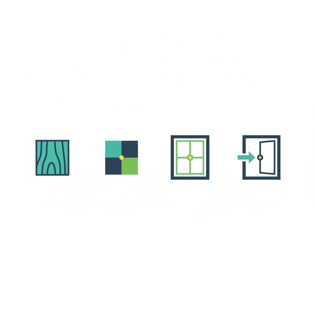 Ilustración vectorial plana con tres iconos que representan los requisitos de una ventana protegida: material de madera, despiece con partiluces y un documento de licencia municipal, sin texto