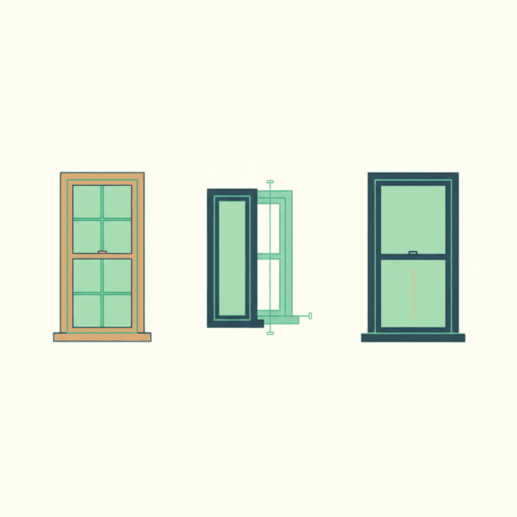 Ilustración vectorial plana comparando dos soluciones para ventanas protegidas: una ventana de madera con doble acristalamiento y un esquema de doble ventana con una hoja interior añadida, sin texto