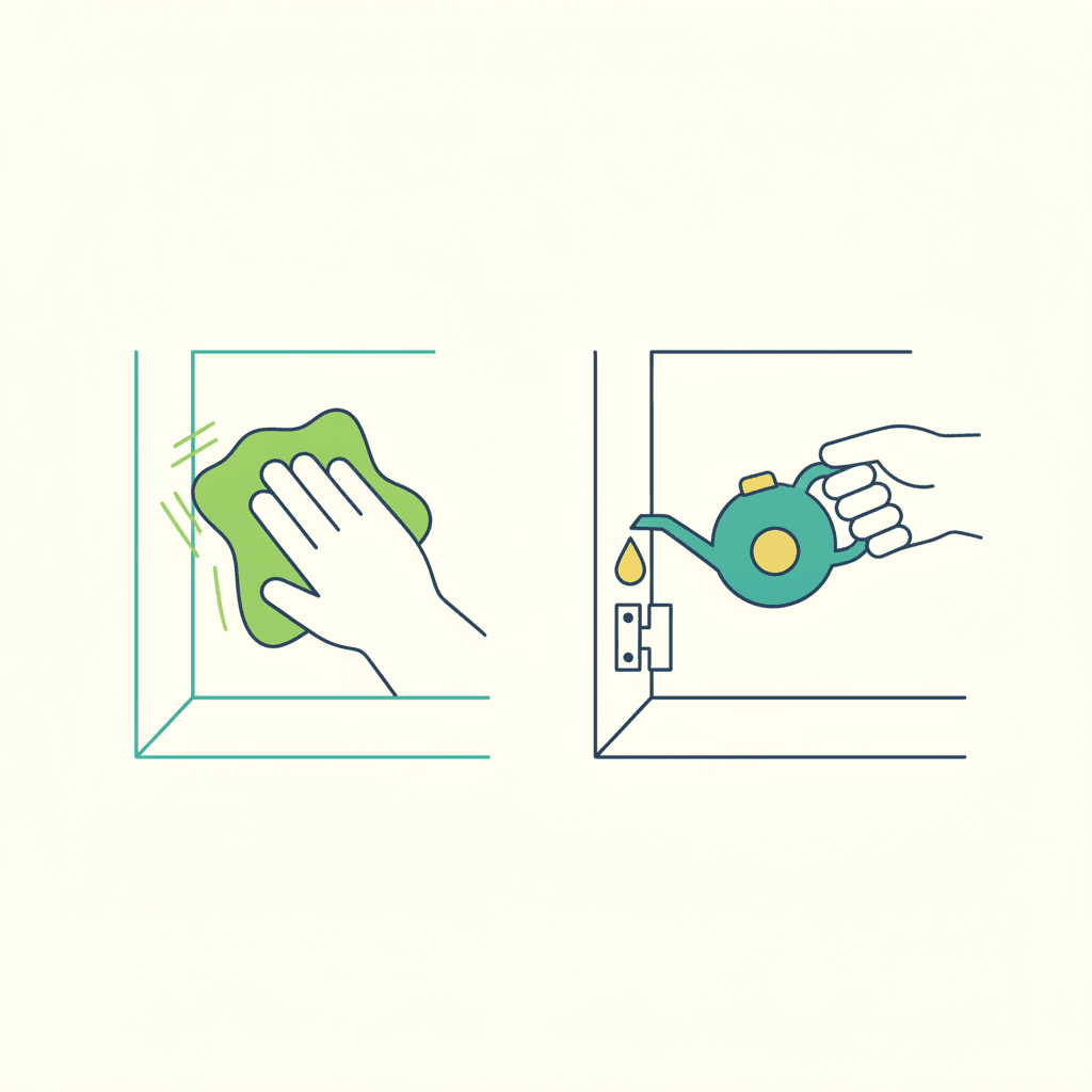 Ilustración de los dos gestos de mantenimiento de una ventana de PVC: limpiar el perfil y engrasar los herrajes