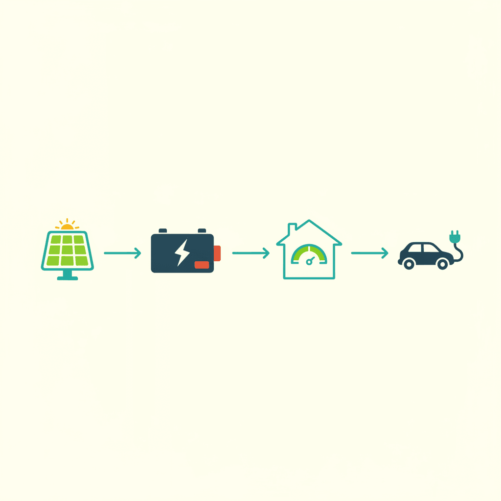 Diagrama del sistema: placas solares, batería, control inteligente del hogar y coche eléctrico, conectados en cadena